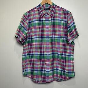 Ralph Lauren Pink Green‎ Plaid Button XL Flesh Pony Short Sleeve Cotton PRISTINE